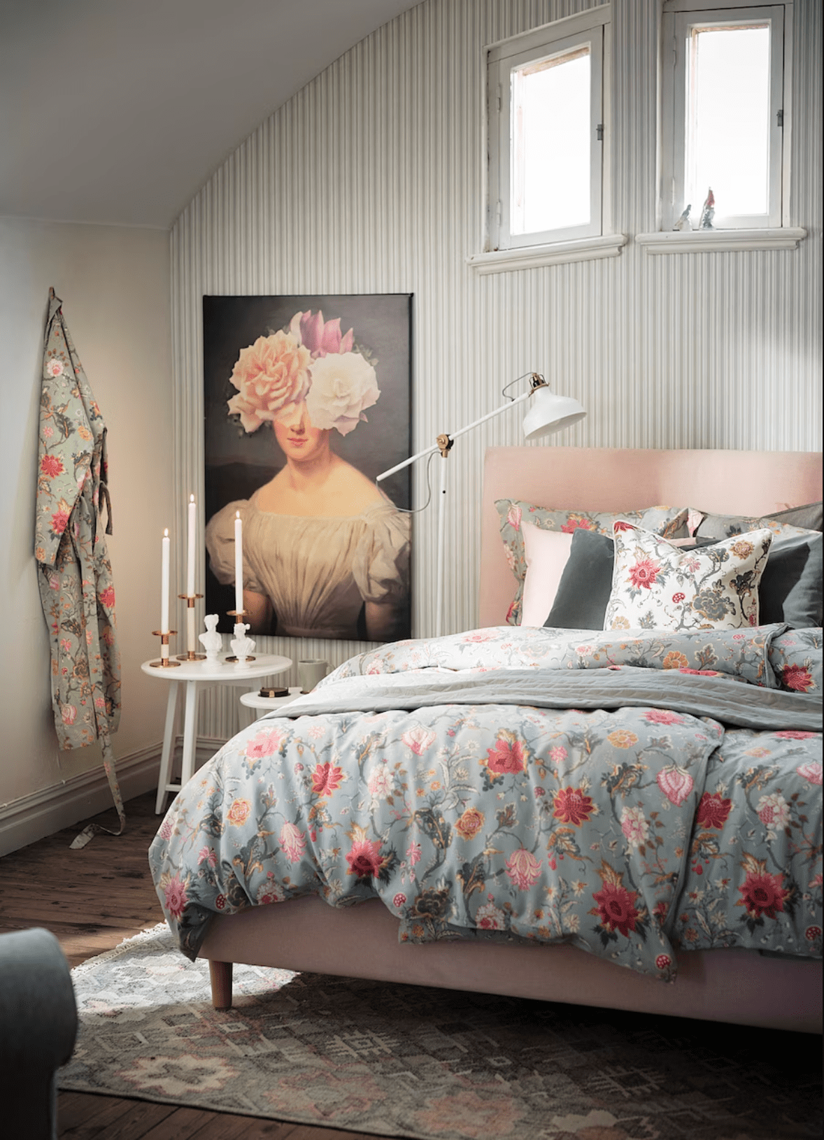 Floral Bedding and Pink Headboard Create a Soft, Romantic Palette