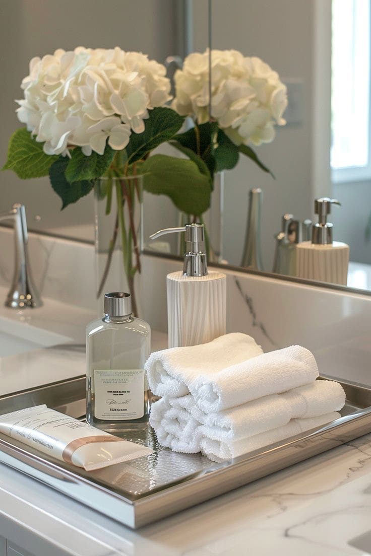Group Toiletries and Towels on a Gleaming Metal Tray