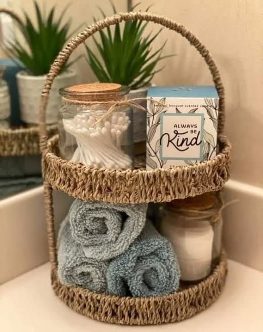 Two-Tiered Woven Basket Holds Rolled Hand Towels and Cotton Swabs