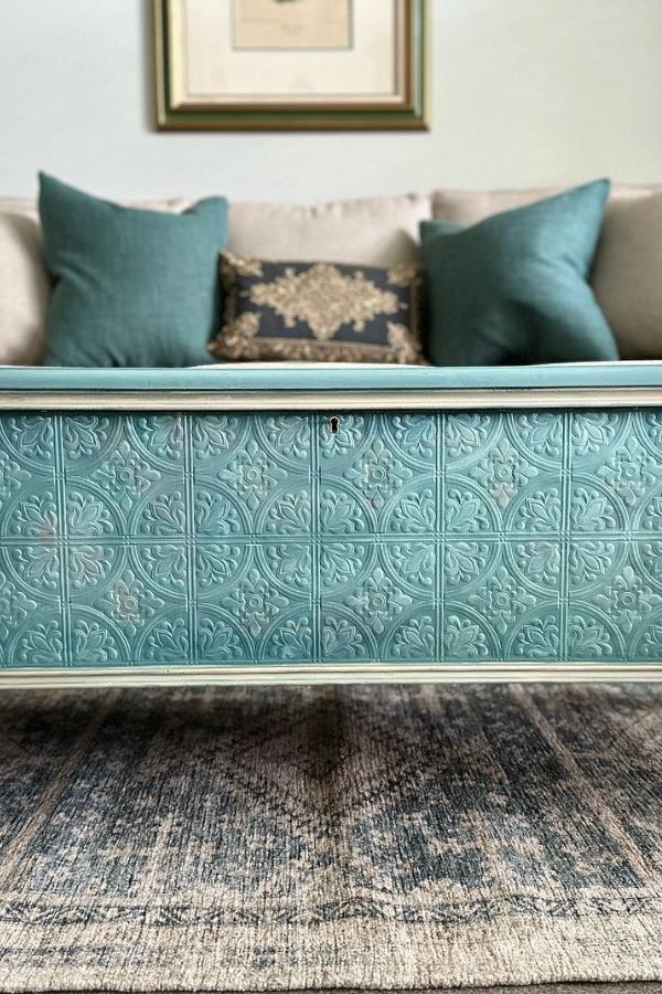 Boho Oasis with striking teal patterned chest, inspiring boho furniture ideas.