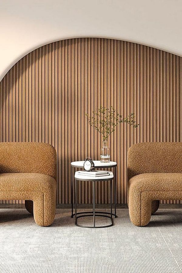 Arched wooden backdrop in boho furniture space; boho furniture ideas.
