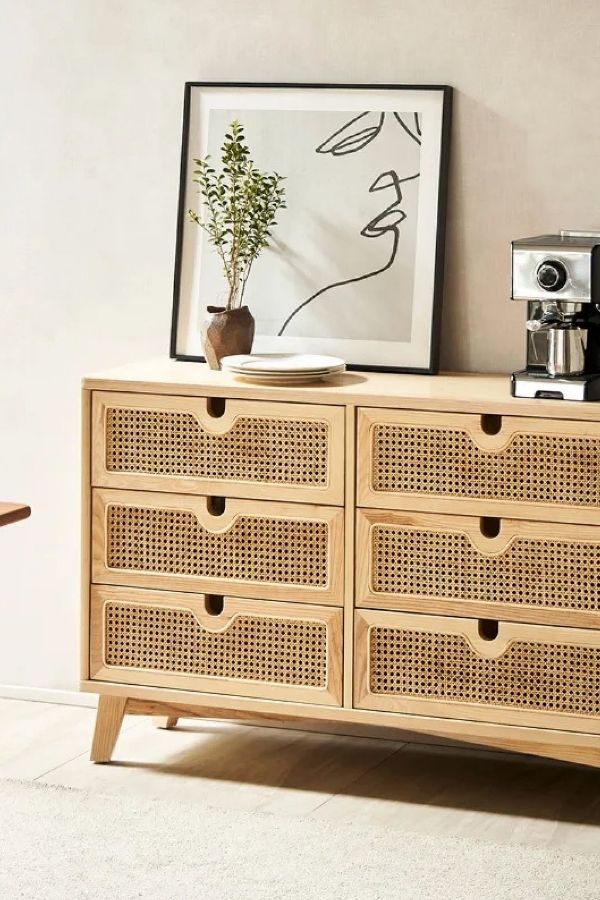Boho furniture ideas: intricate cane wood dresser in vibrant Boho Haven.