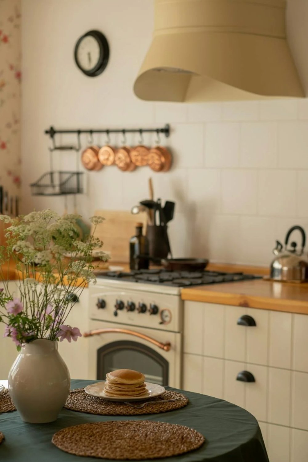 Copper Pots Hung on a Rail Add Warmth