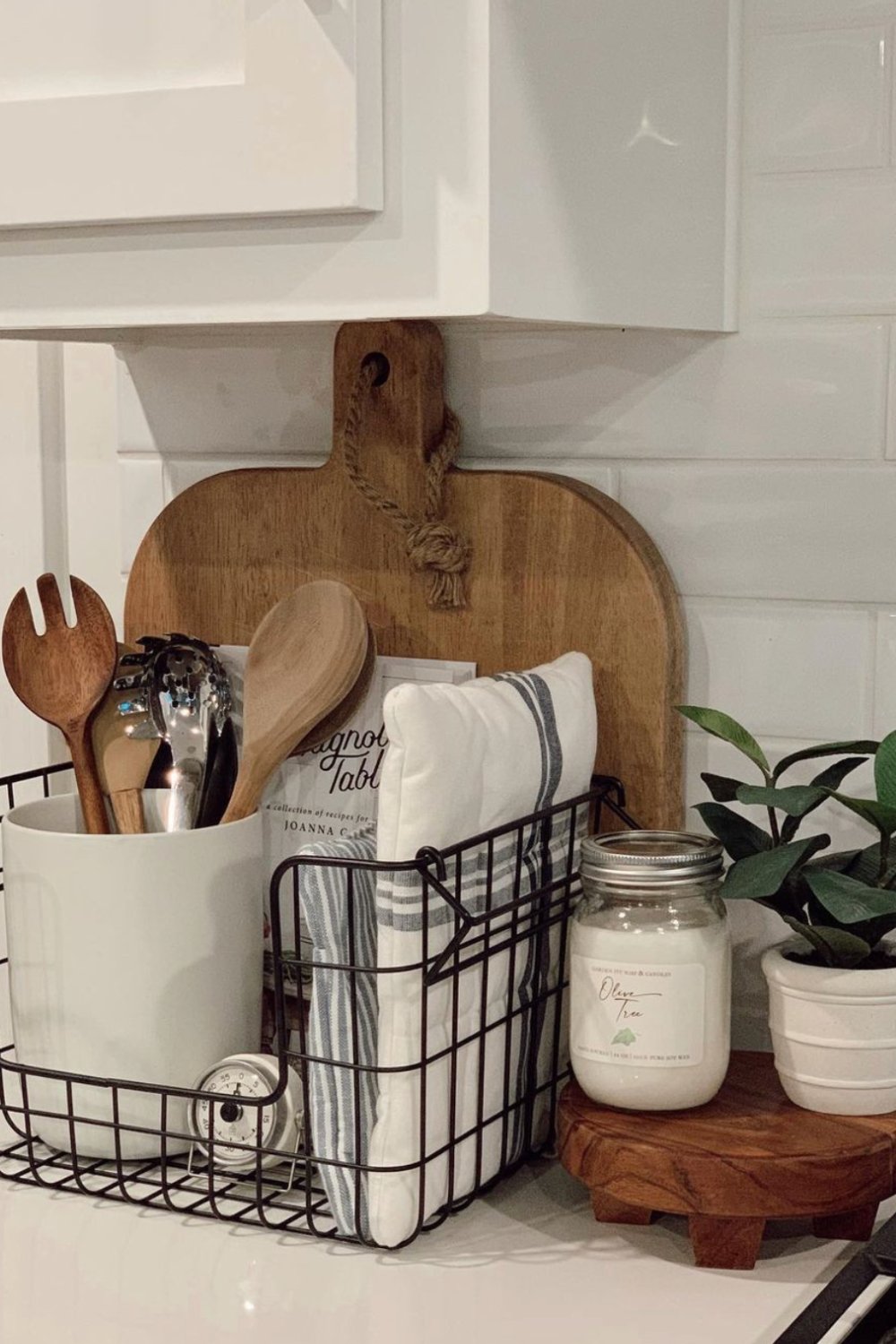 Wire Basket Organizes Linens and Utensils