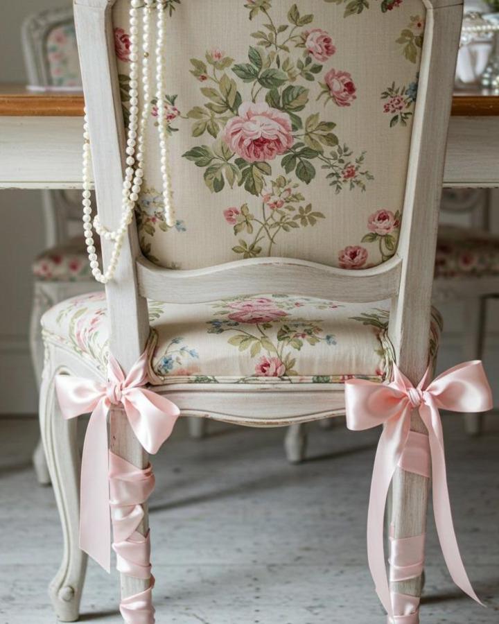 Vintage floral chair from @coqueture with pink ribbon details tied around carved white legs.