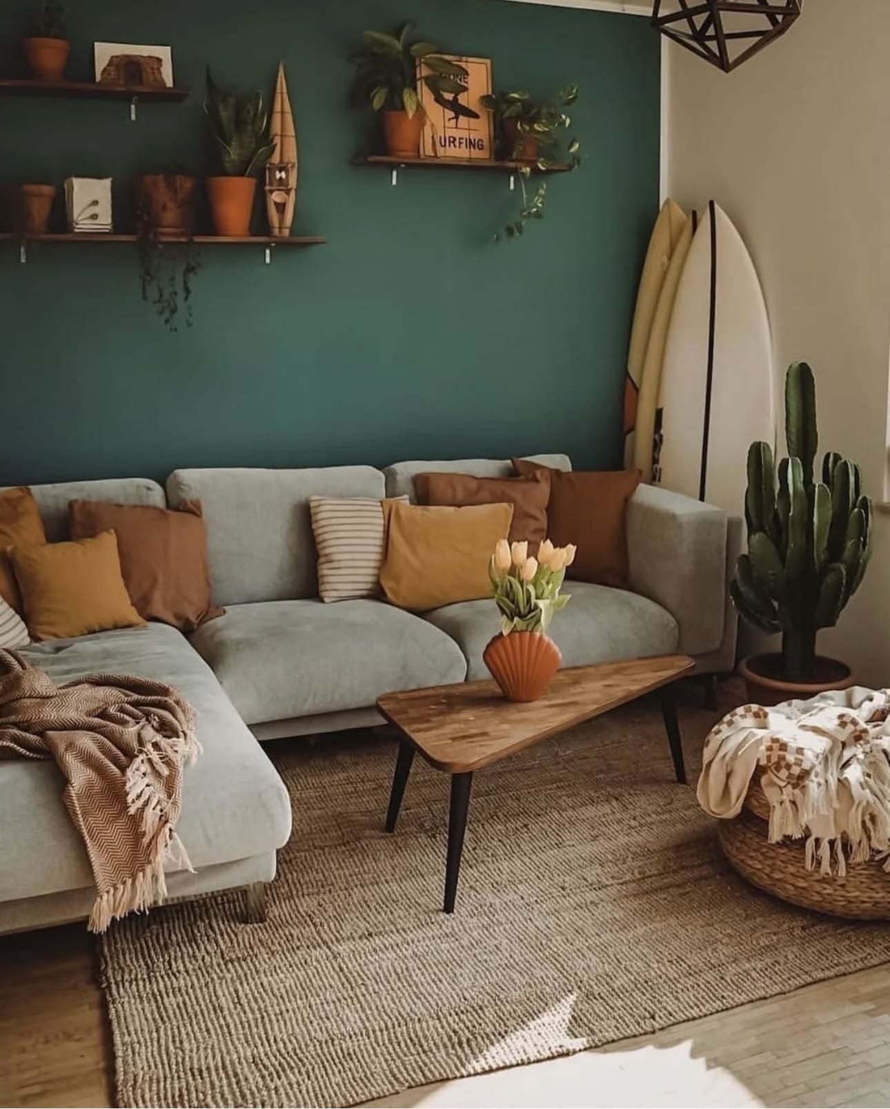 Tall Cactus Adds Organic Verticality Next to Sofa