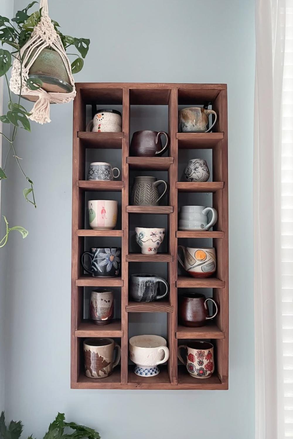 Wooden Grid Shelf for Displaying a Variety of Mug Styles