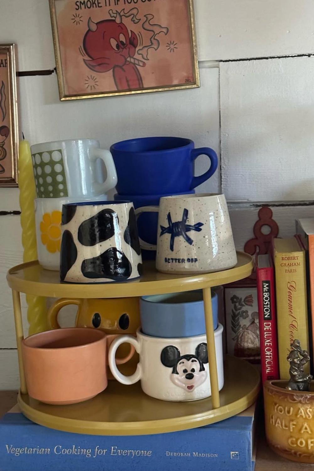 Yellow Tiered Stand for a Playful Mug Arrangement