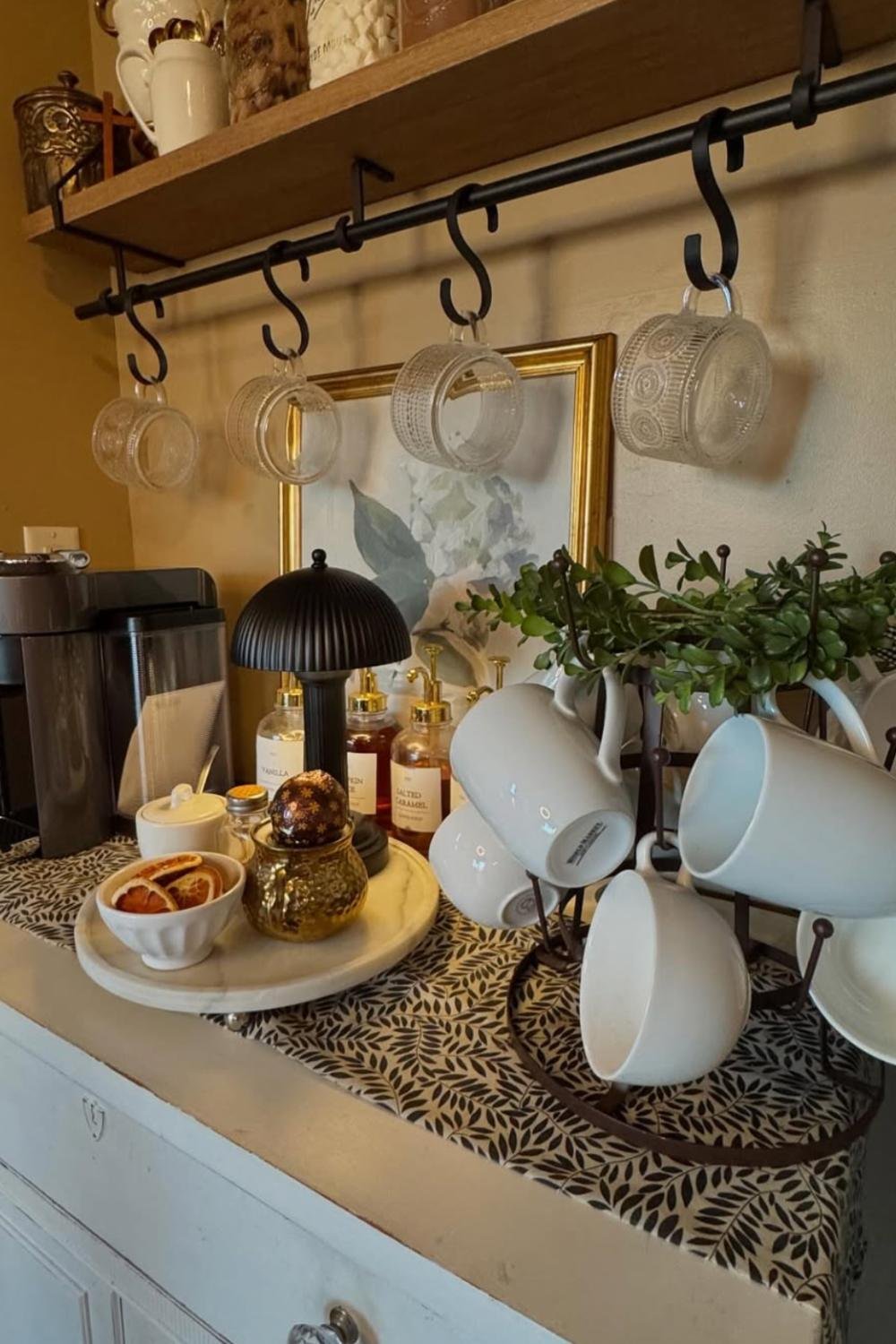 Under-Shelf Bar with S-Hooks for Hanging Glass Mugs