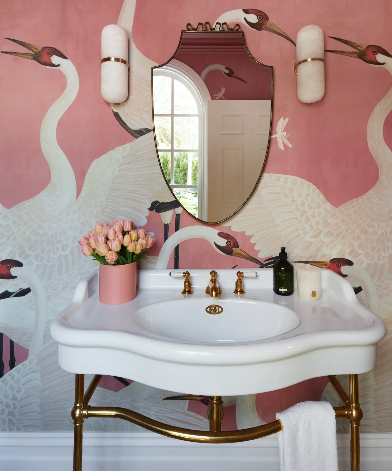 Bold Crane Wallpaper Creates a Dramatic Guest Bathroom