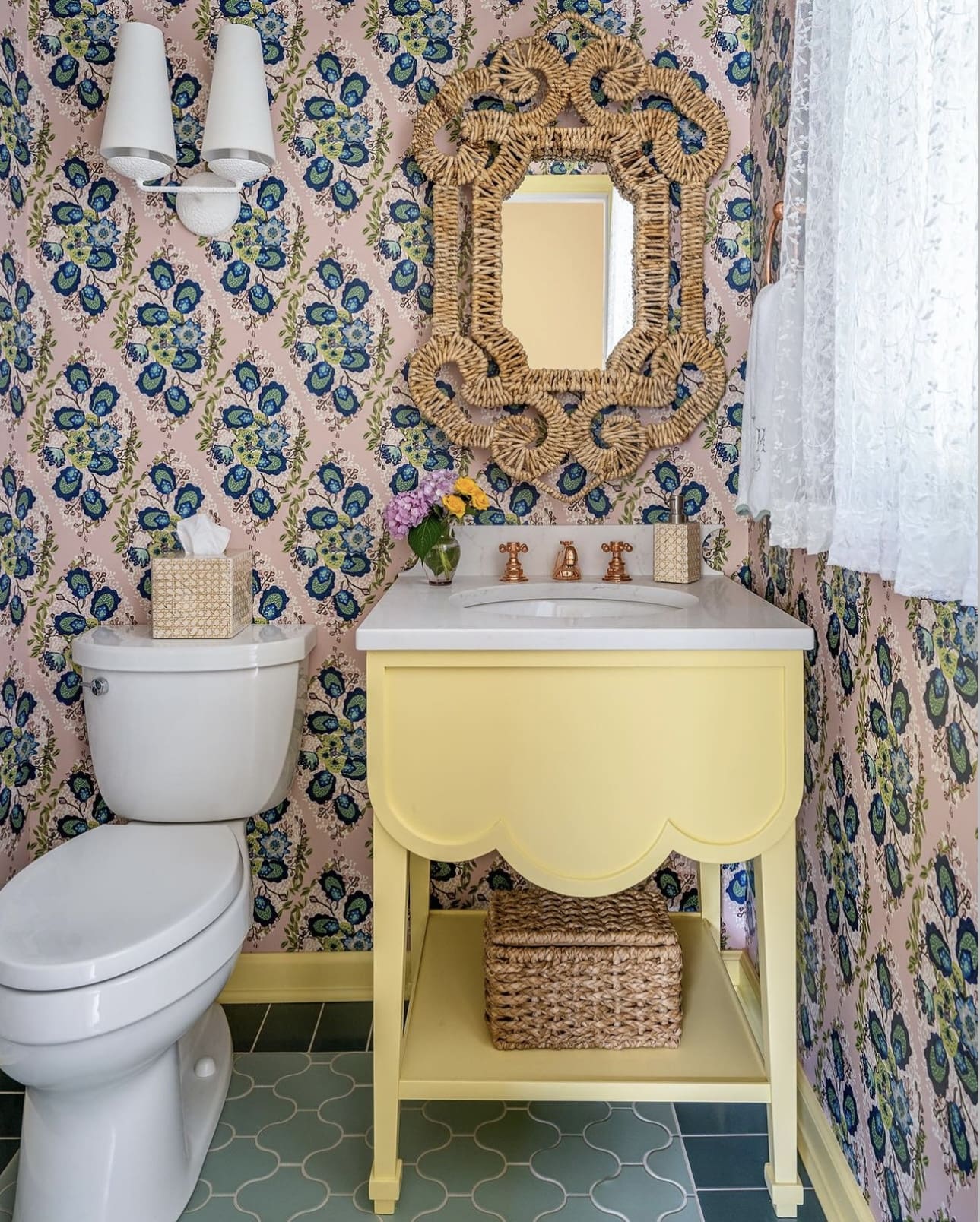 Scalloped Yellow Vanity With Woven Basket Storage