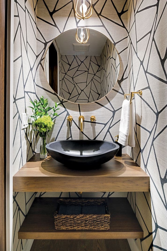 Geometric Wallpaper Creates a Striking Guest Bath Focal Point