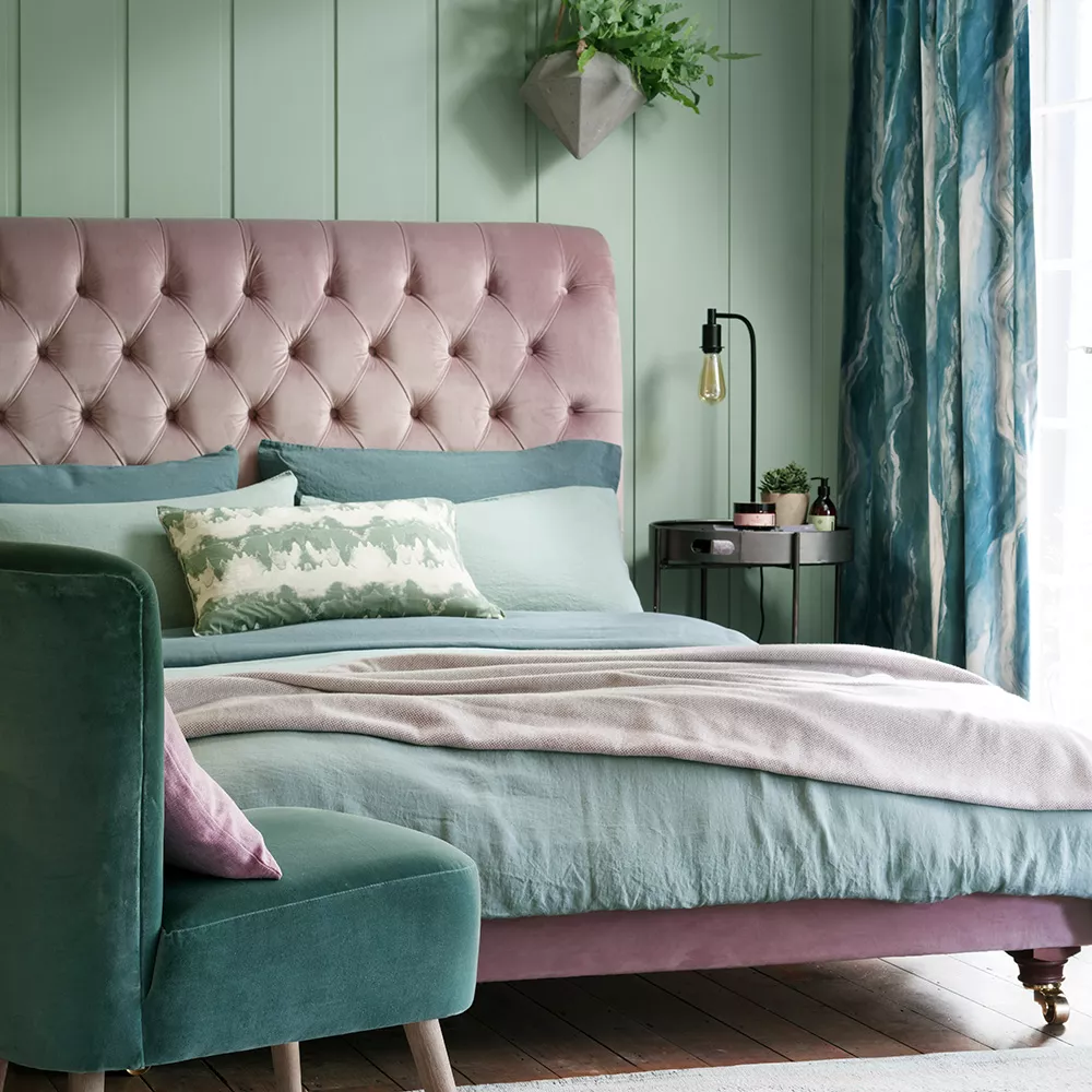 Soften Sage Walls with a Plush Pink Headboard