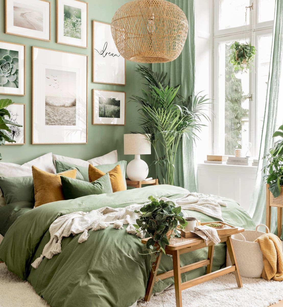 Frame Your Sage Bed with a Gallery of Nature Prints