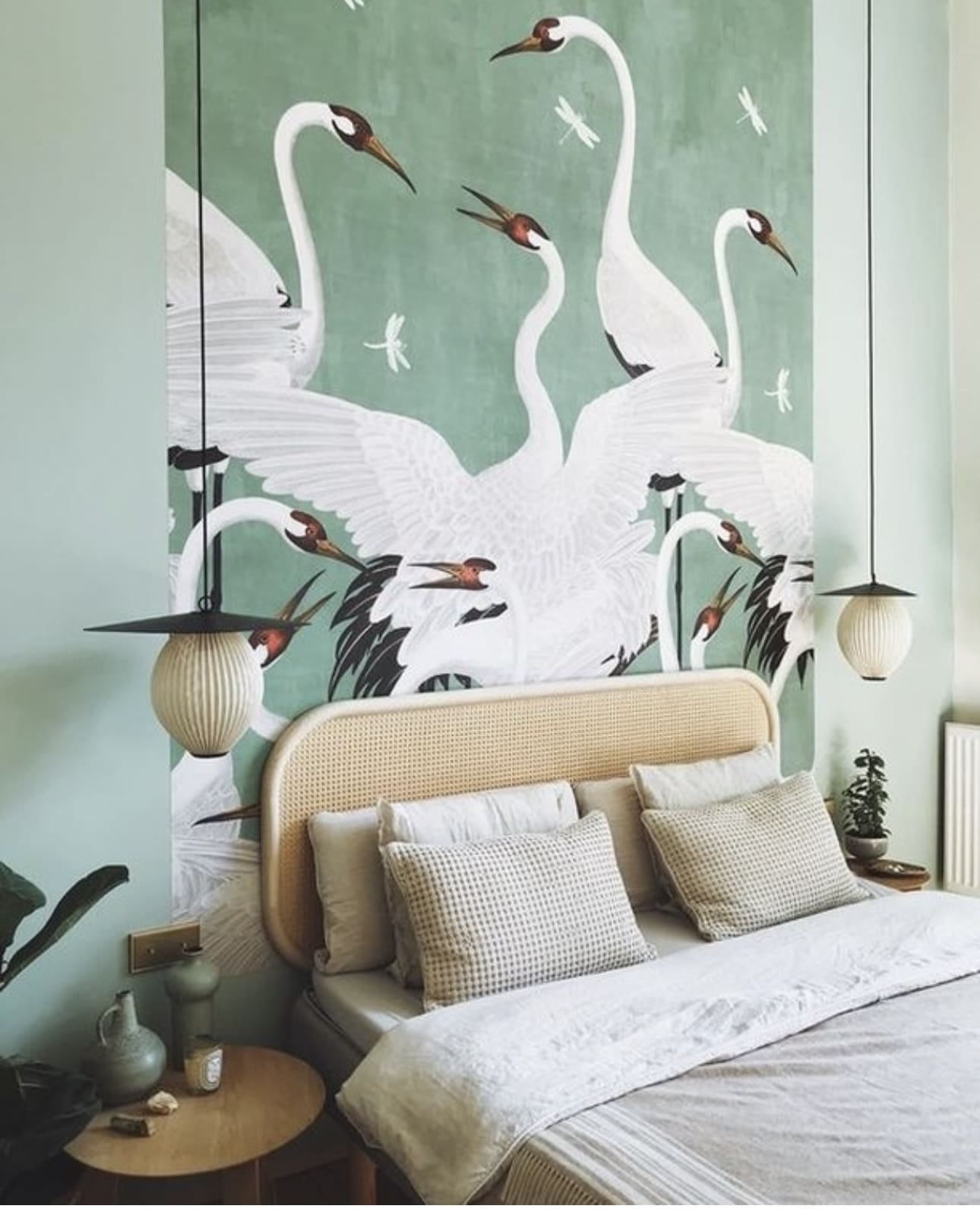 Oversized Crane Mural Brings a Dramatic Natural Scene to Sage Walls