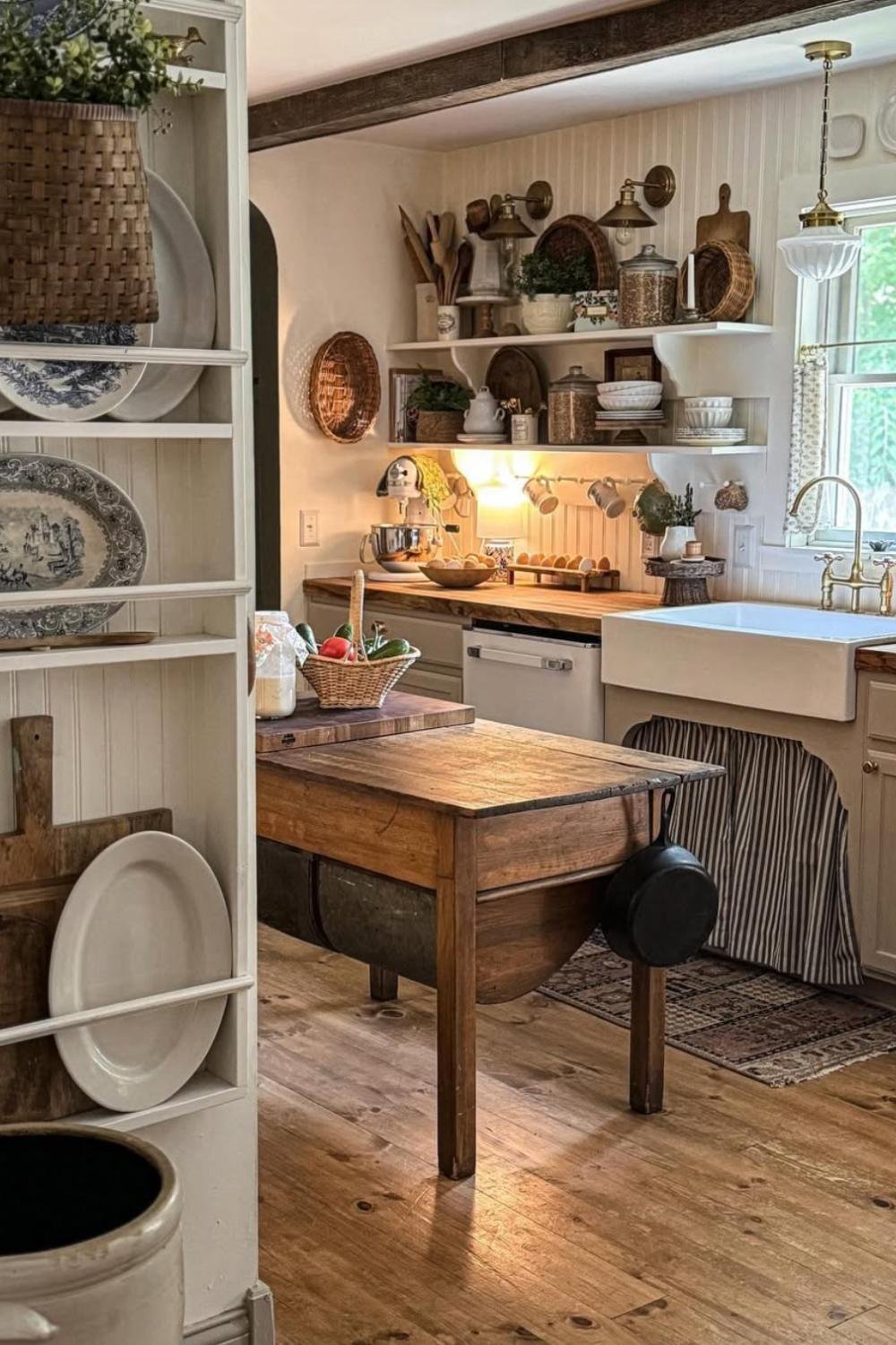 Vintage Butcher Block Island With Hanging Cast Iron Skillet
