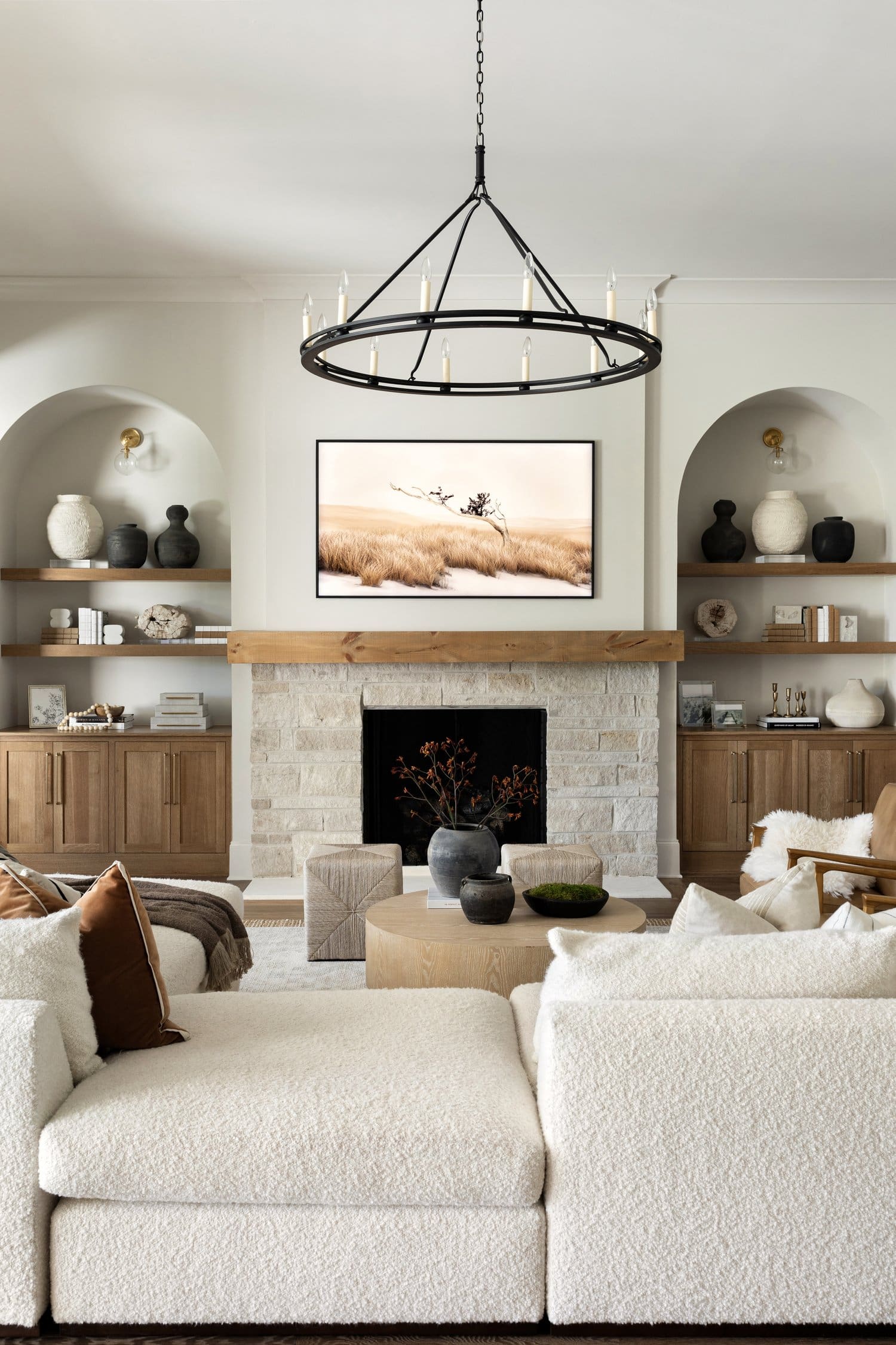 Unified Display with Wooden Cabinets and Floating Shelves