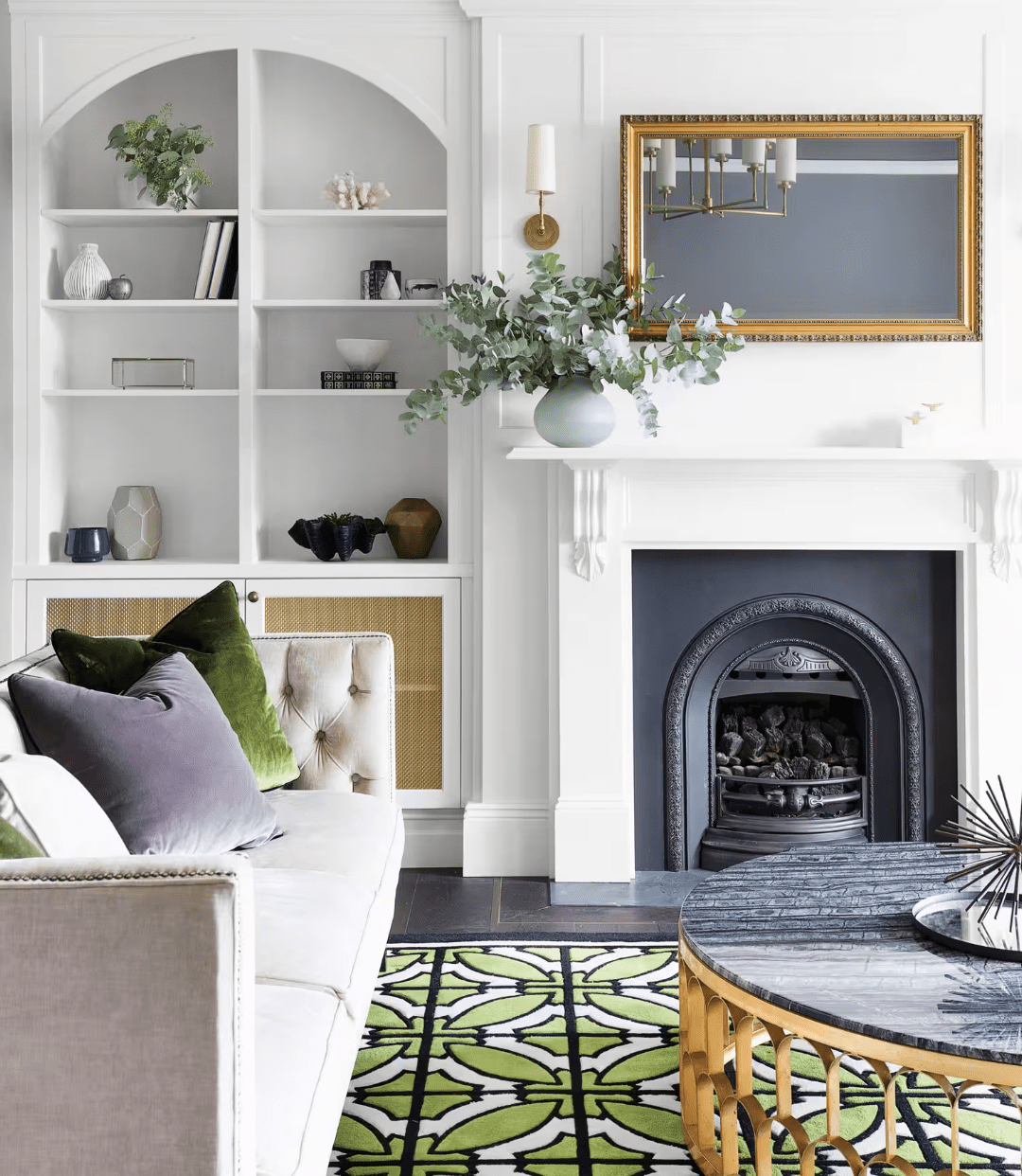 Arched Top Shelving with Textured Cane Cabinetry