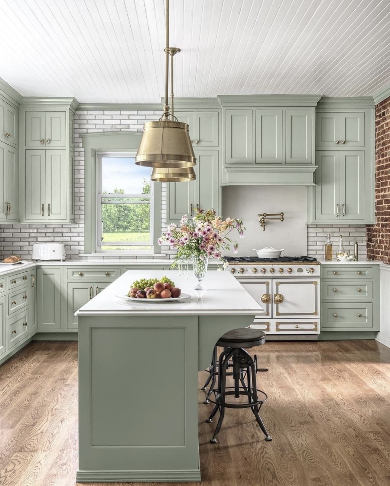 Sage Green Kitchen Island with Integrated Seating