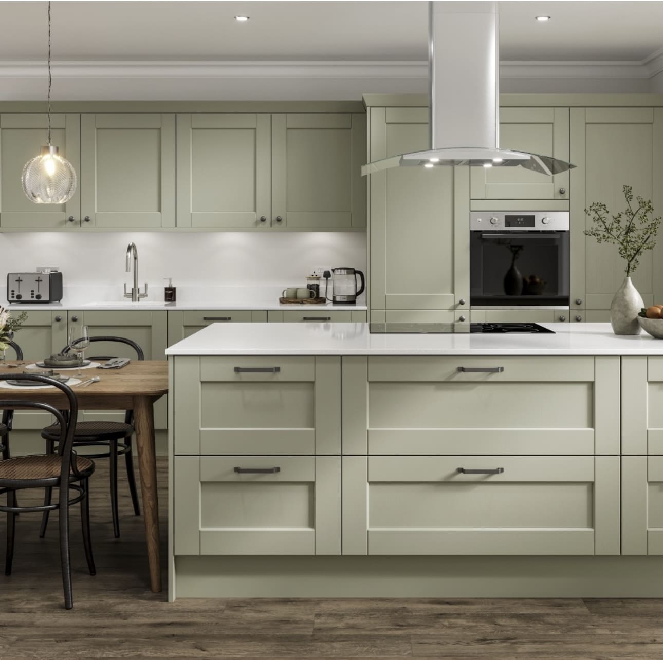Sage green shaker cabinets with inset drawer fronts