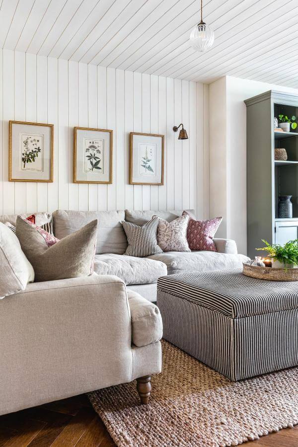 Cozy neutrals, textured oasis, living room panelling, inviting, serene space.