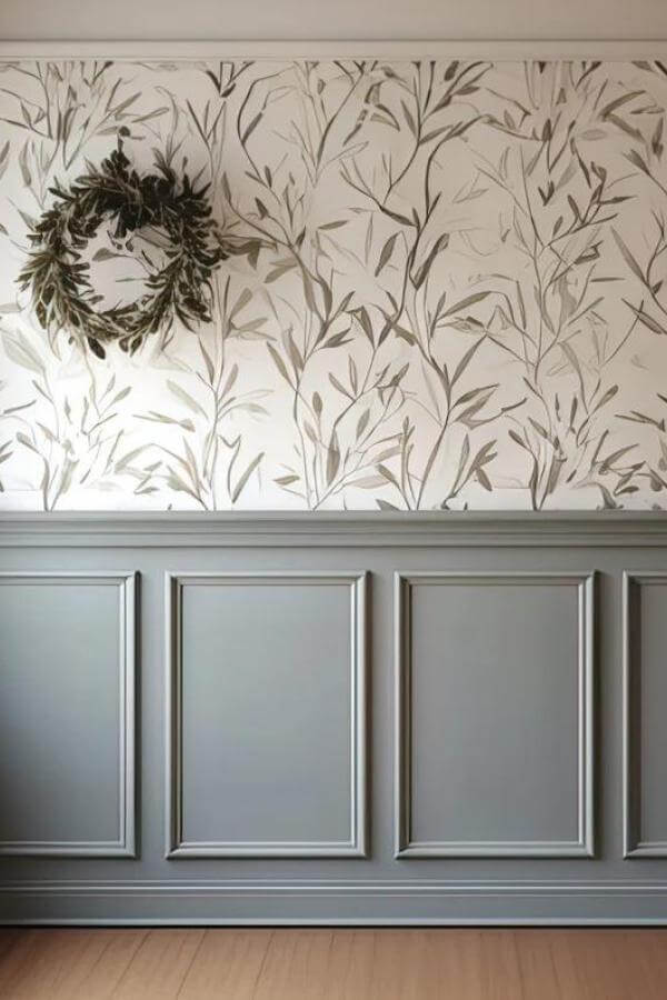 Subtle sage walls with elegant living room panelling and whimsical decor.