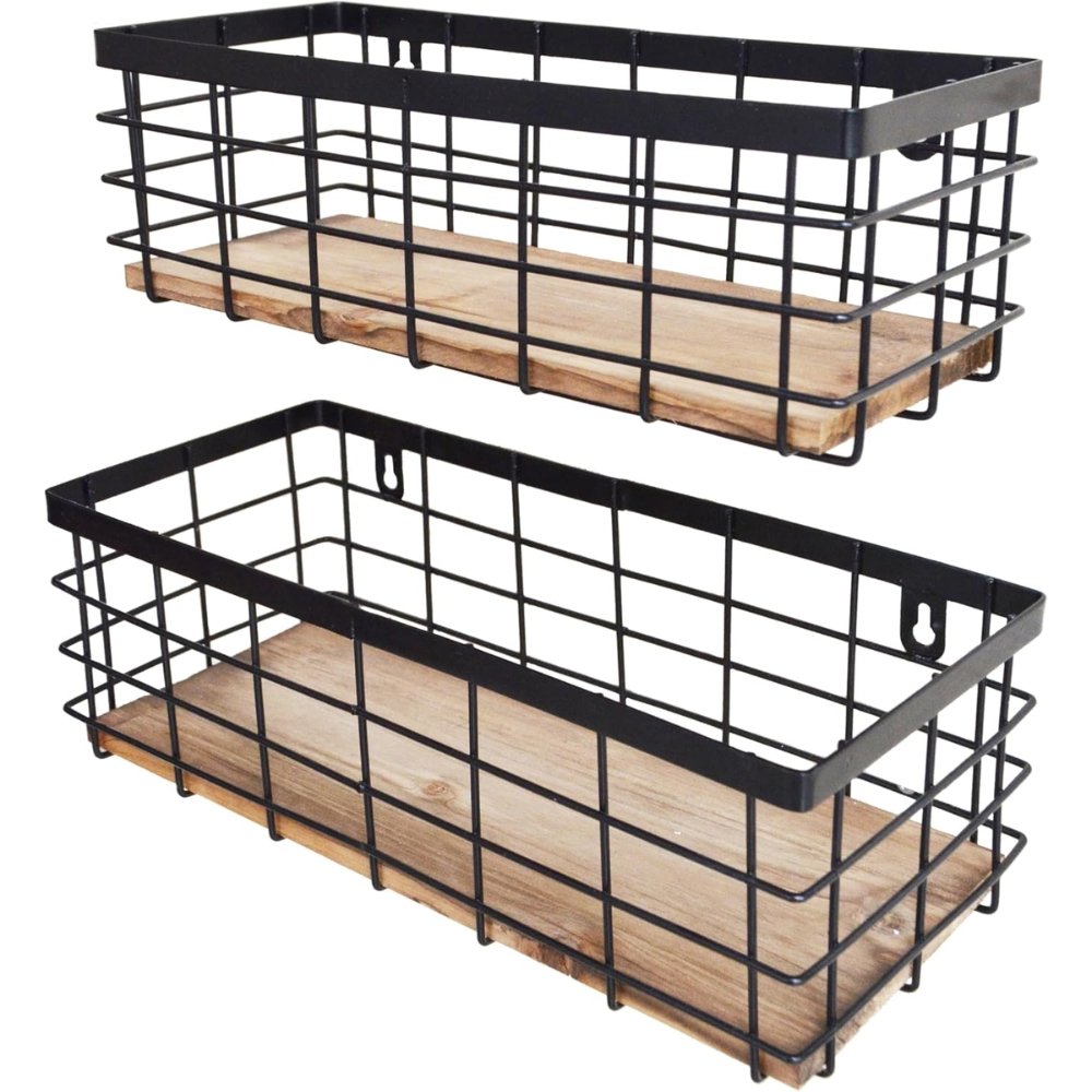 Wire baskets with wood bases for open bathroom storage