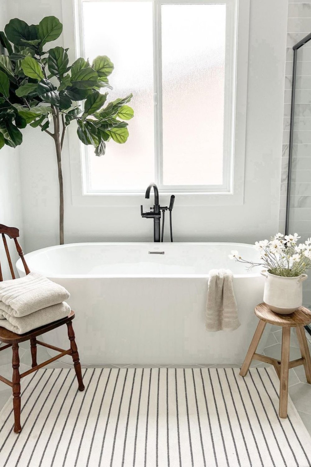 Tall Fiddle Leaf Fig Tree Adds Natural Greenery to Bathroom