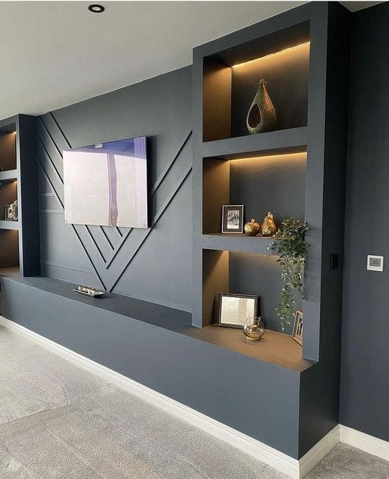 Angled Wood Trim Forms a Geometric TV Wall Accent