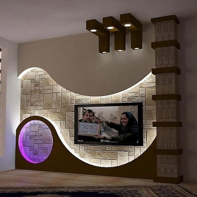 Curved Stone Accent Wall With Integrated Purple Niche