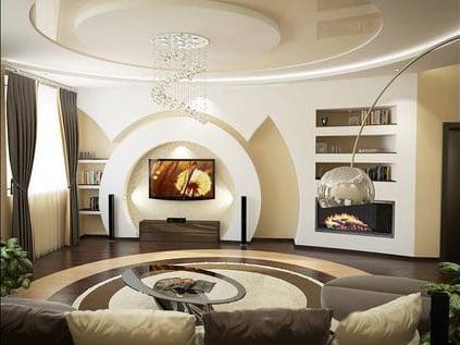 Curved Archway Frames TV With Integrated Fireplace and Shelving