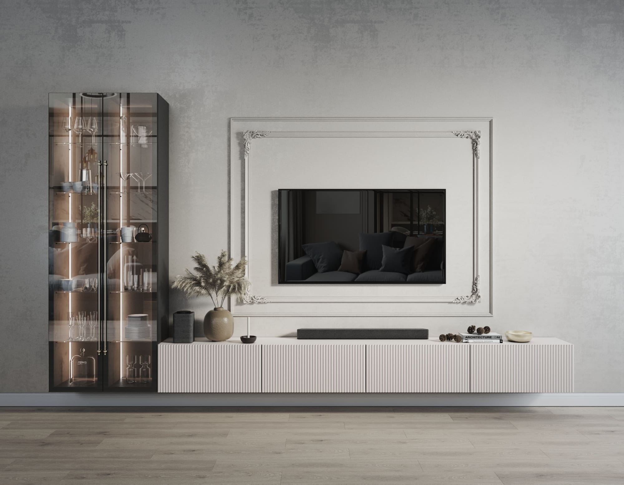 Ornate Frame Accents the TV Wall With Subtle Detailing