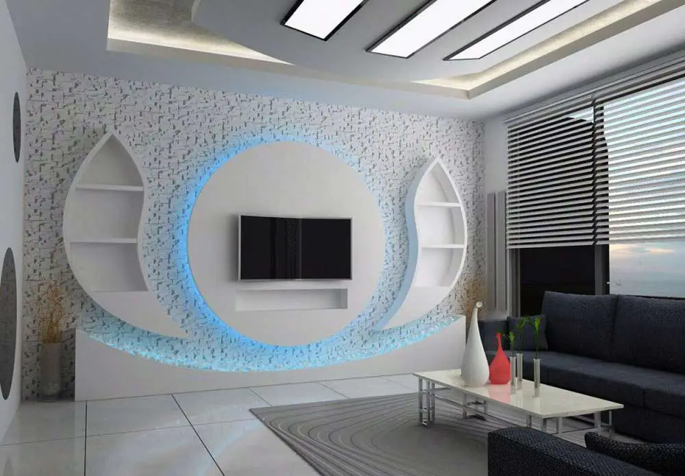Curved White Frame Holds TV With Integrated Blue LED Lighting