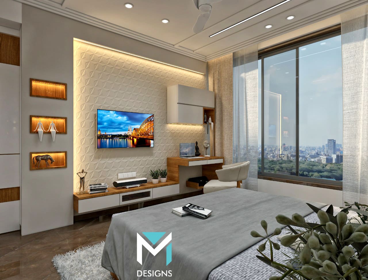 Geometric Textured Panel Backs a Floating TV
