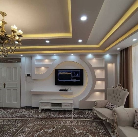 Curved Archway Frames TV With Integrated Shelving