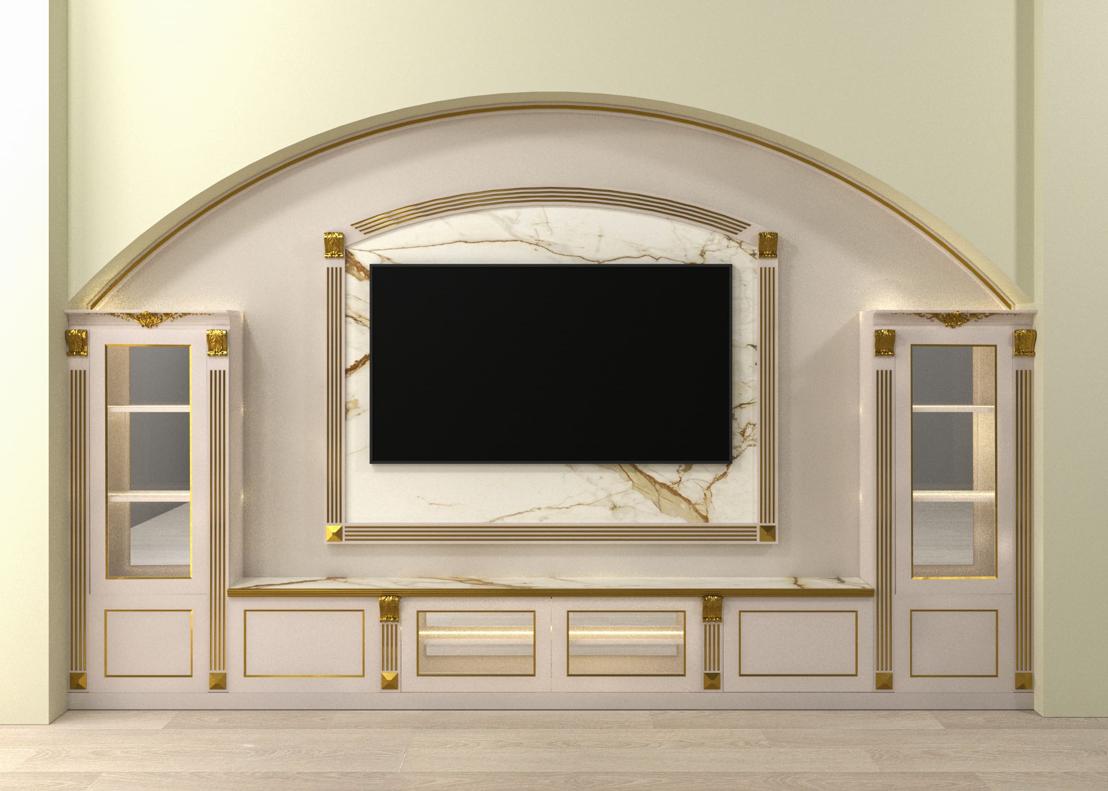 Marble-Look Backsplash Frames the TV with Gold Trim Accents