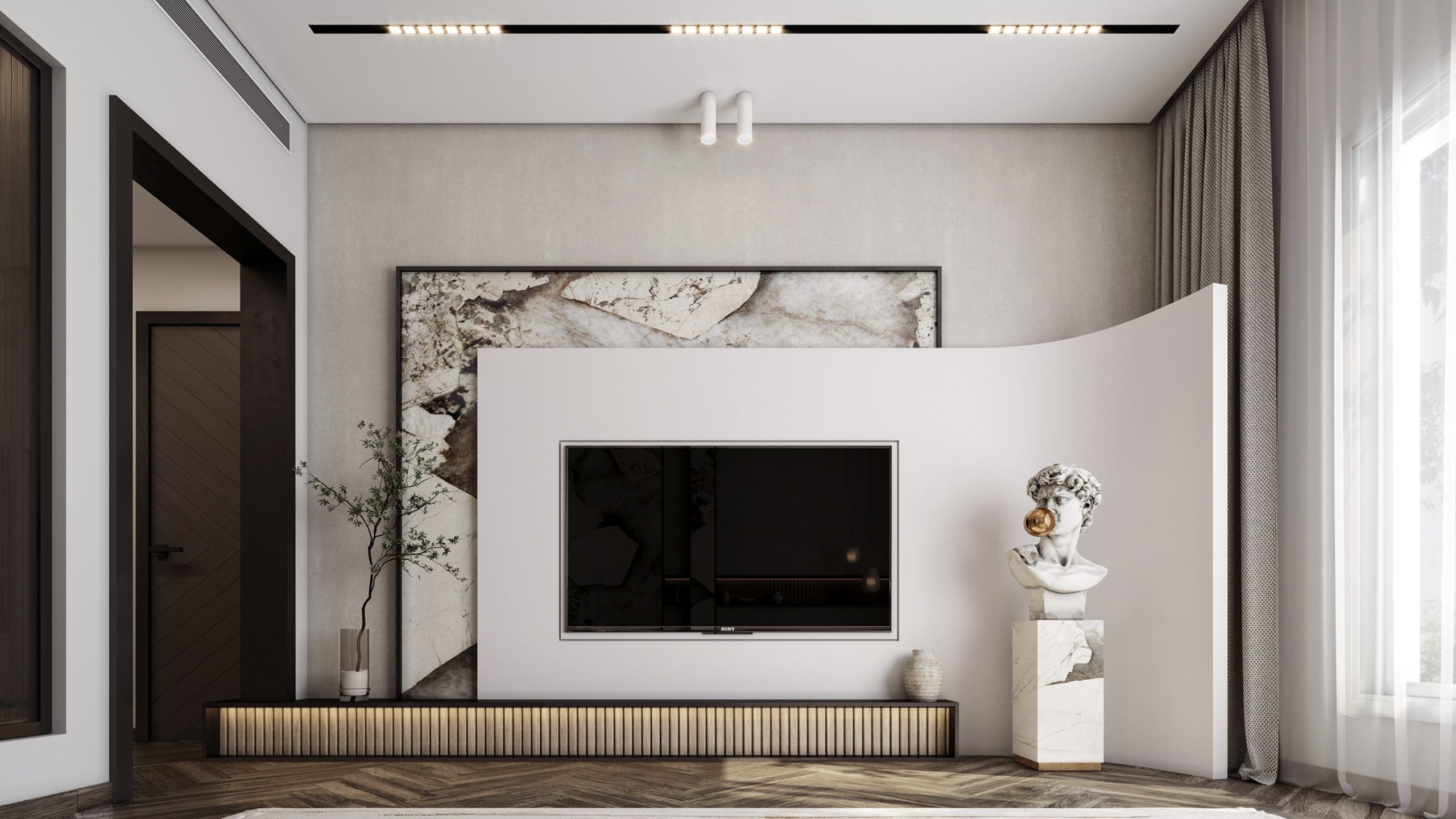 Sculptural Pedestal Displays Artful Accents Next to the TV