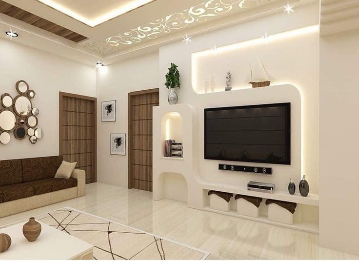 Curved TV Wall Unit With Open Niches and Integrated Storage