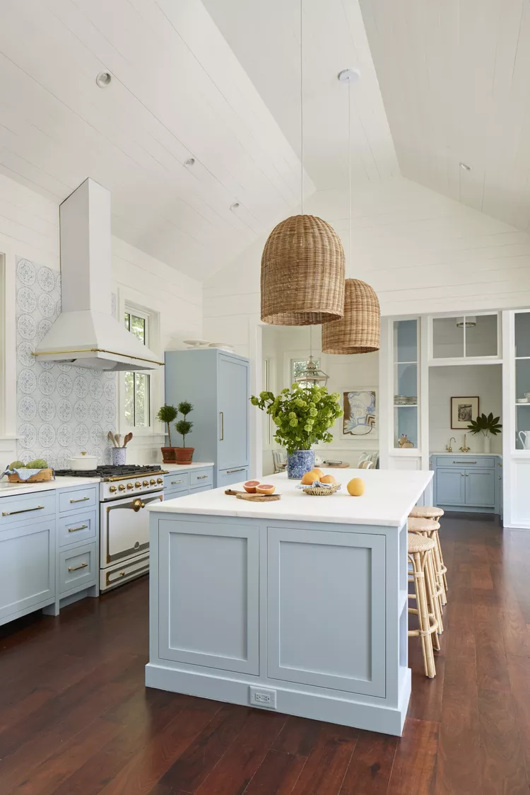 Organic Texture: Woven Pendant Lights Above Island