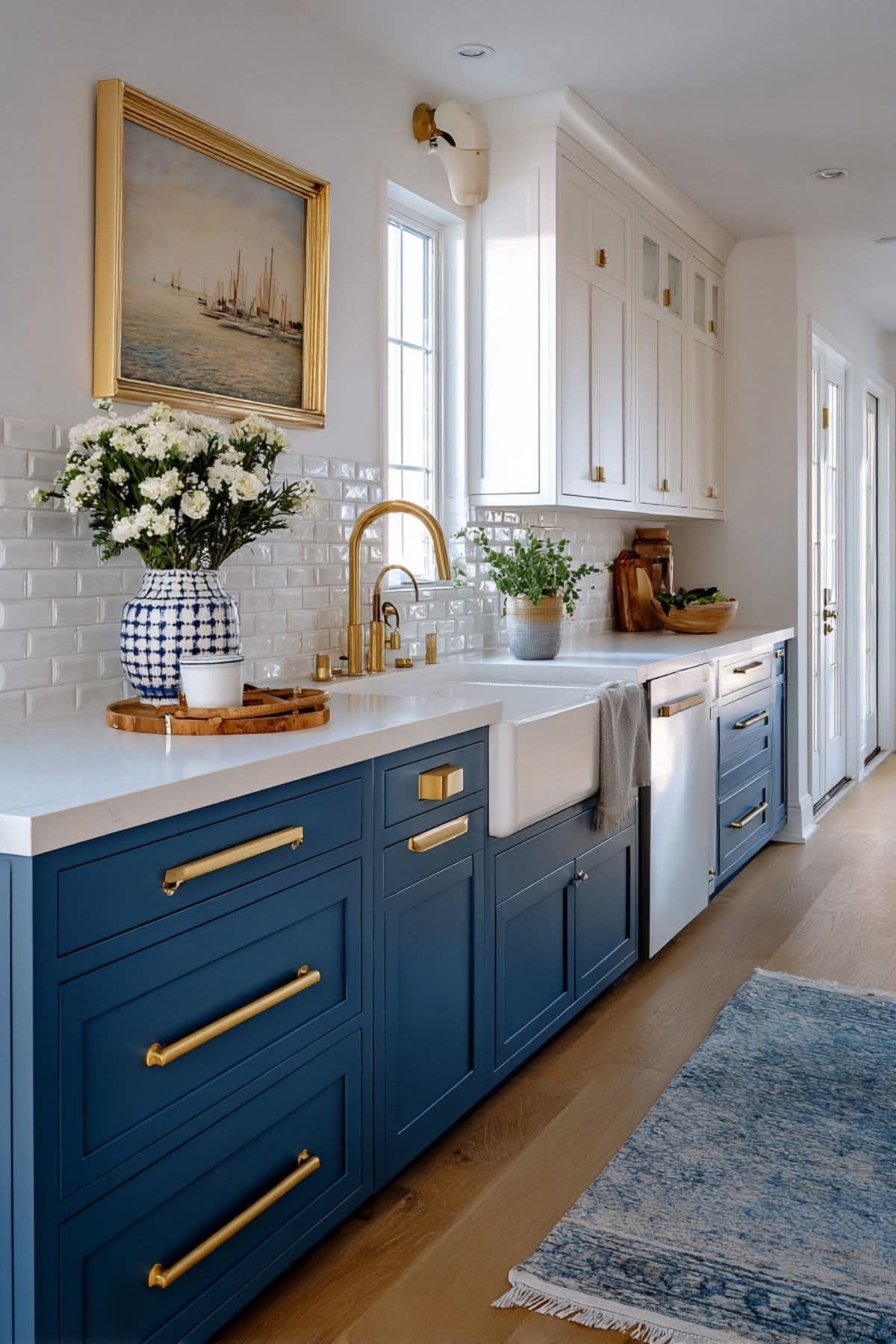 Polished Contrast: Gold Hardware on Deep Blue Cabinetry