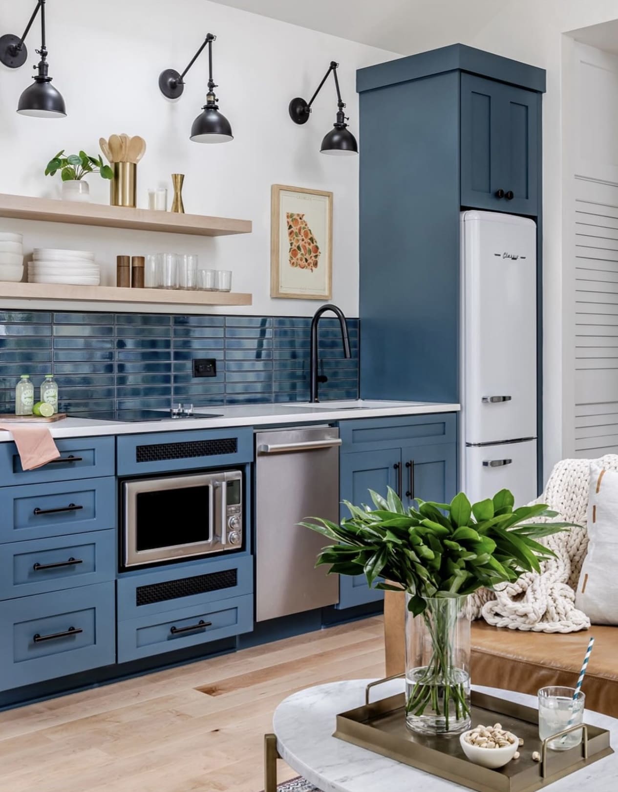Reflective Depth: Blue Subway Tile Backsplash