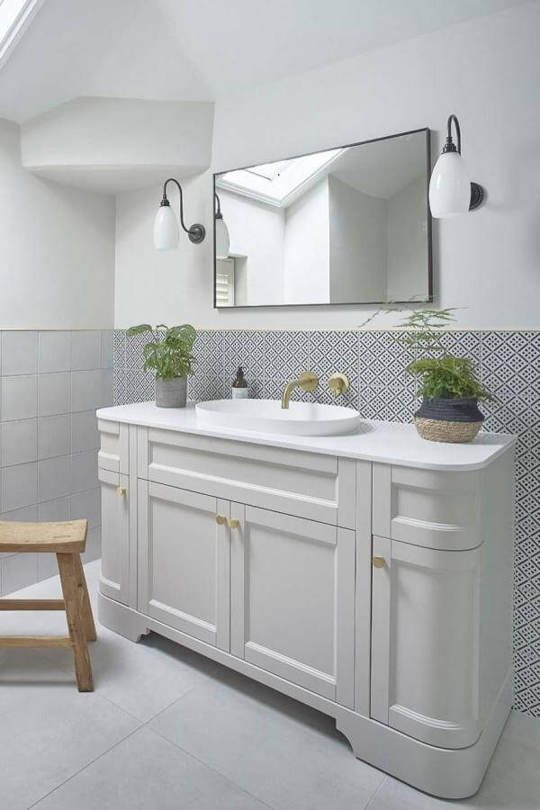 Patterned tile backsplash elevates minimalist charm in a stylish bathroom from @nikischaferinteriordesign, adding an artistic touch.
