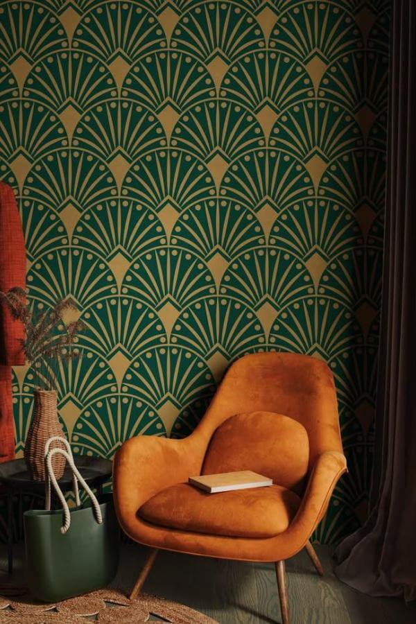Retro Chic: Geometric wallpaper, vibrant patterns, bold accents, stylish living.